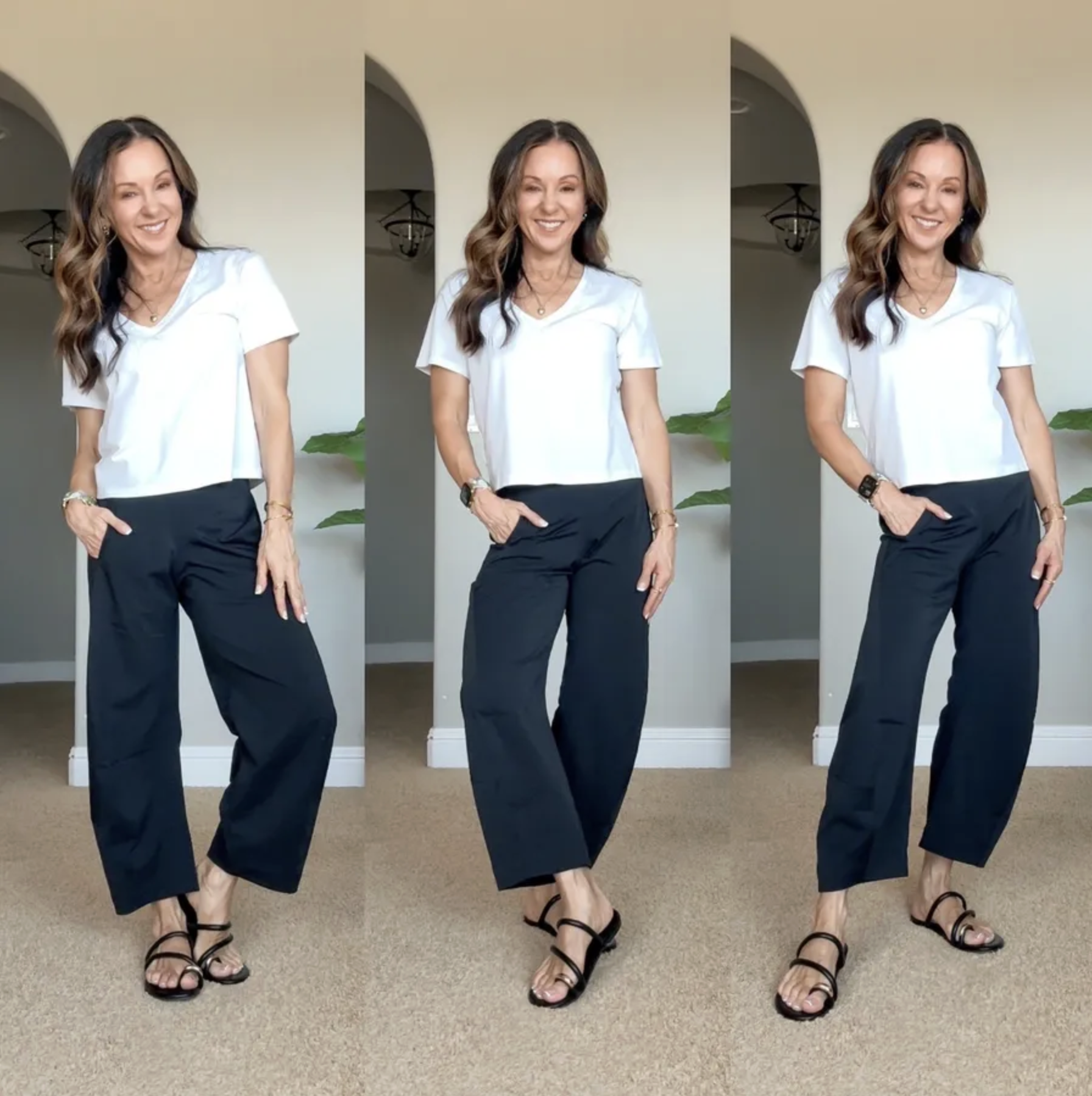 Woman wearing black cropped wide leg workwear pants with a white short sleeve top and black sandals.